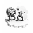 strong man pulling up small man balancing on a bar on a globe tattoo design idea