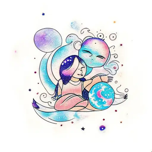 mum hugging daughter sitting cosmic nebula back ground  tattoo design idea
