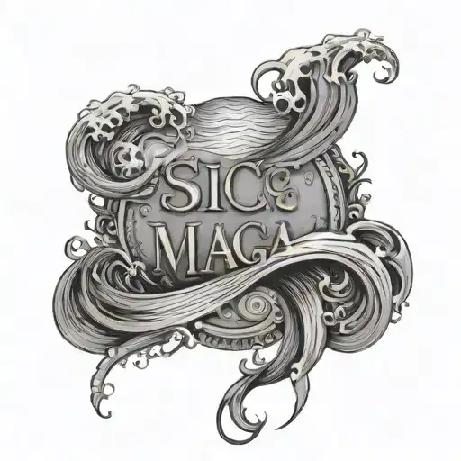 sic parvis magna writing with waves crashing in the background tattoo design idea