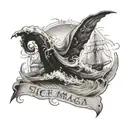sic parvis magna writing with waves crashing in the background tattoo design idea