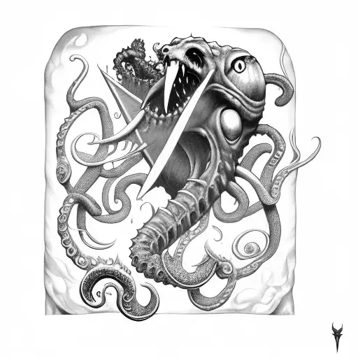 axe with claws, tentacle and teeth tattoo design idea