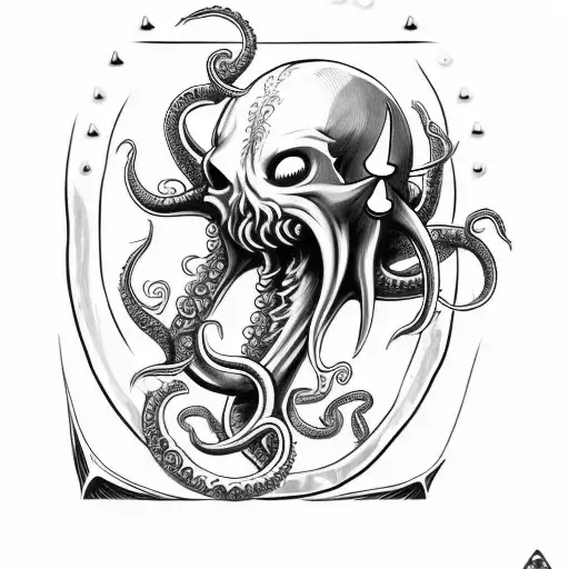axe with teeth, claws, tentacles and Cthulhu skull tattoo design idea