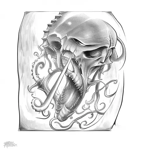 axe with teeth, claws, tentacles and Cthulhu skull tattoo design idea