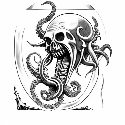 axe with teeth, claws, tentacles and Cthulhu skull tattoo design idea