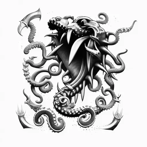 axe with claws, tentacle and fangs tattoo design idea