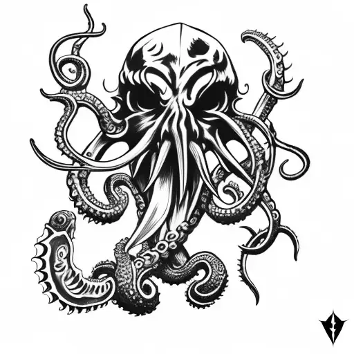 axe with claws, tentacle, teeth and cthulhu skull tattoo design idea