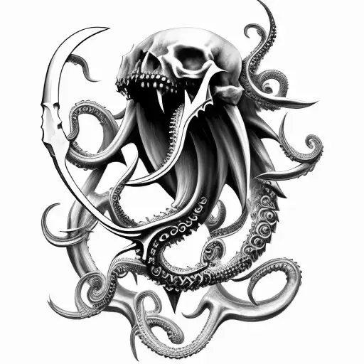 big sharp blade axe with claws, tentacles, fangs and bones tattoo design idea