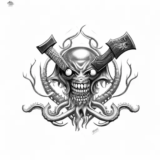 an axe with claws, tentacles and teeth tattoo design idea