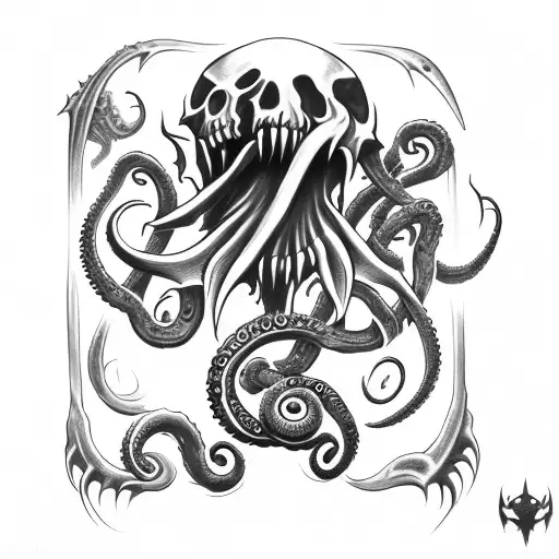 axe with claws, tentacle, teeth and cthulhu skull tattoo design idea