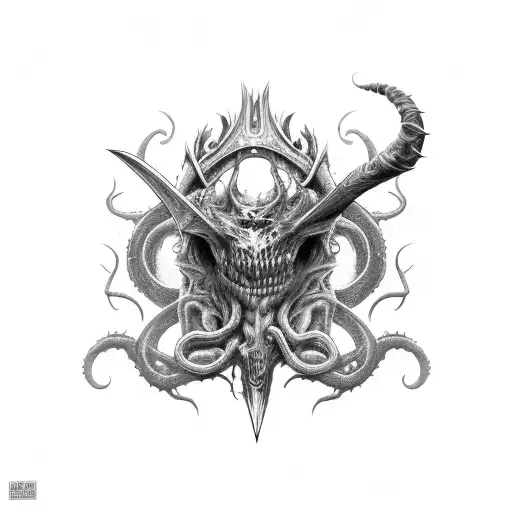 axe with cosmic horror elements tattoo design idea