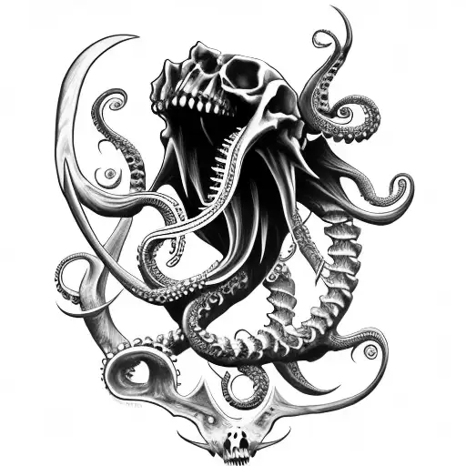 big sharp blade axe with claws, tentacles, fangs and bones tattoo design idea