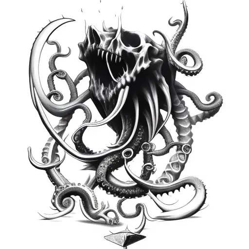 axe with claws, tentacles, fangs and bones tattoo design idea
