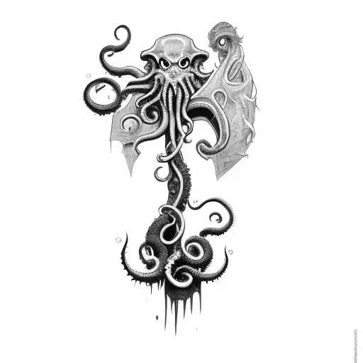 full shoulder tattoo of an axe inspired by cosmic horror and Cthulhu with tentacle background tattoo design idea