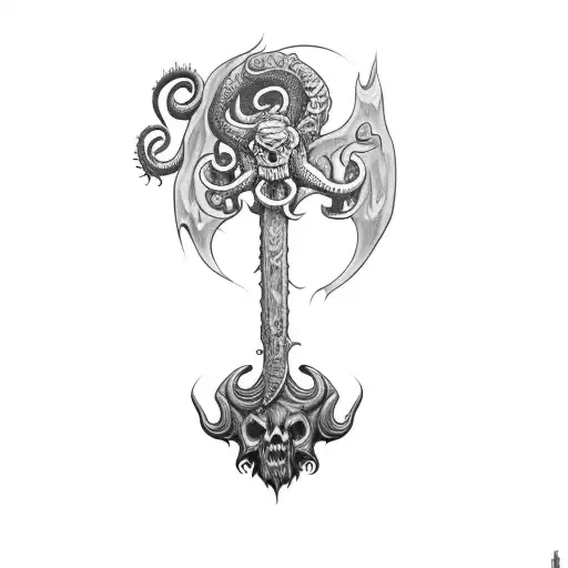an axe inspired by cosmic horror and Cthulhu tattoo design idea