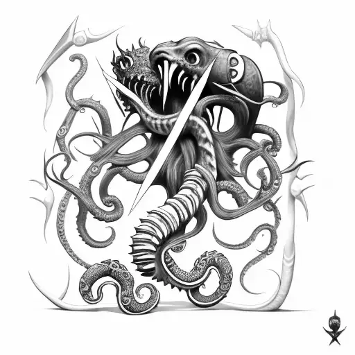 axe with claws, tentacle, teeth and cthulhu skull tattoo design idea
