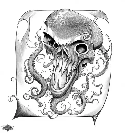 axe with teeth, claws, tentacles and Cthulhu skull tattoo design idea