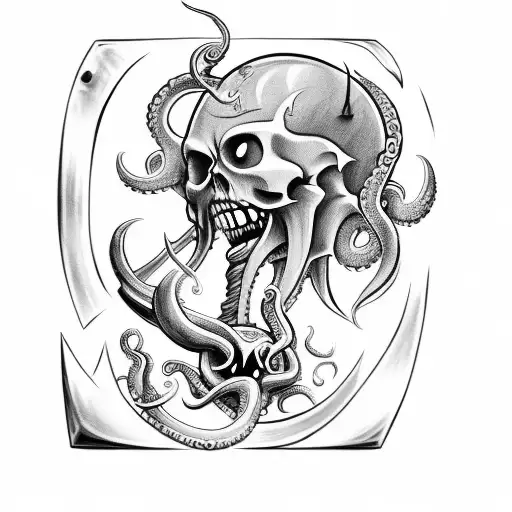 axe with teeth, claws, tentacles and Cthulhu skull tattoo design idea