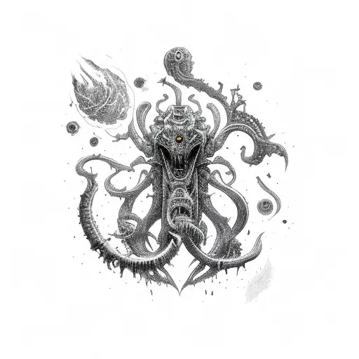 axe in the form of a cosmic horror creature tattoo design idea