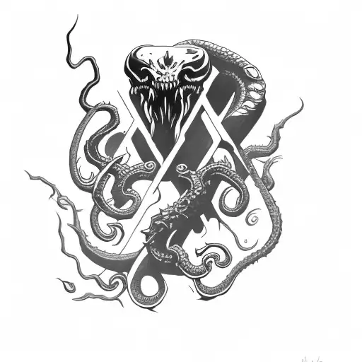 an axe inspired by venom and Cthulhu tattoo design idea