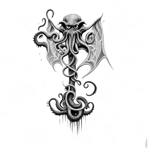 full shoulder tattoo of an axe inspired by cosmic horror and Cthulhu with tentacle background tattoo design idea