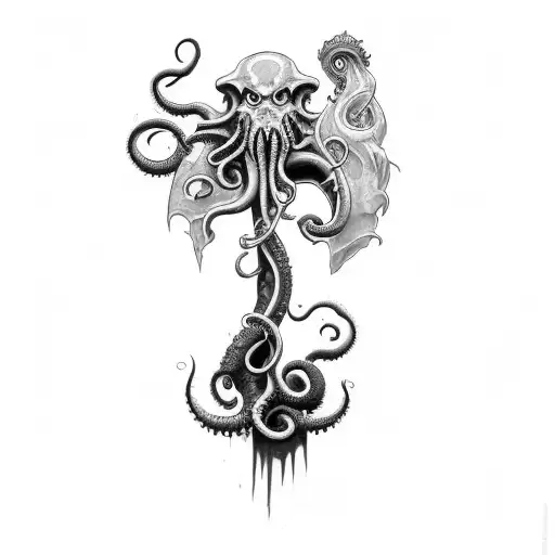 full shoulder tattoo of an axe inspired by cosmic horror and Cthulhu with tentacle background tattoo design idea