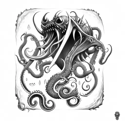 axe with claws, tentacle, teeth and cthulhu skull tattoo design idea