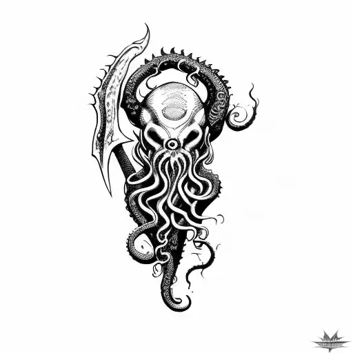an axe with tentacles teeth claws and Cthulhu  tattoo design idea