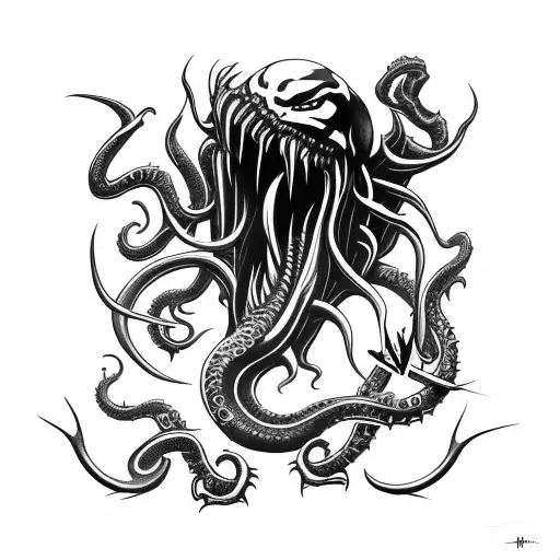 axe with sharp blade inspired by venom and Cthulhu tattoo design idea