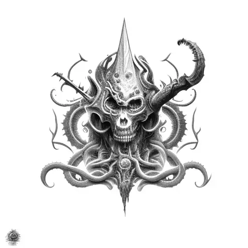 cosmic horror inspired axe tattoo design idea