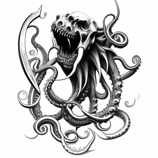 big sharp blade axe with claws, tentacles and fangs tattoo design idea