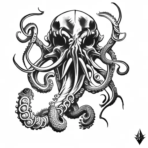 axe with claws, tentacle, teeth and cthulhu skull tattoo design idea
