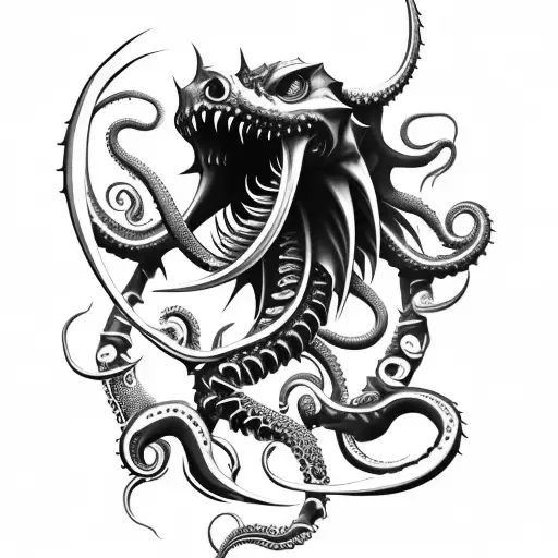 big sharp blade axe with claws, tentacles and fangs tattoo design idea