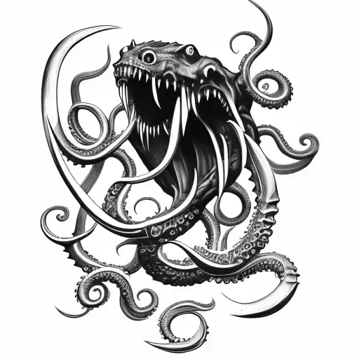 big sharp blade axe with claws, tentacles and fangs tattoo design idea