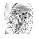 axe with teeth, claws, tentacles and Cthulhu skull tattoo design idea