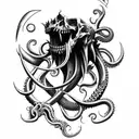 big sharp blade axe with claws, tentacles, fangs and bones tattoo design idea