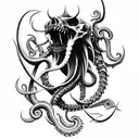 big sharp blade axe with claws, tentacles, fangs and bones tattoo design idea