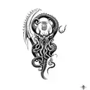 an axe with tentacles teeth claws and Cthulhu  tattoo design idea