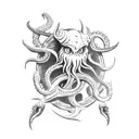 axe side profile with teeth, claws, tentacles and Cthulhu tattoo design idea
