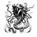axe with claws, tentacle, fangs and cosmic horror elements tattoo design idea