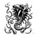axe with claws, tentacle, fangs and cosmic horror elements tattoo design idea