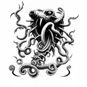 axe with claws, tentacle, fangs and cosmic horror elements tattoo design idea