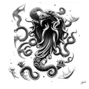 axe with claws, tentacle, fangs and cosmic horror elements tattoo design idea
