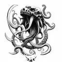 big sharp blade axe with claws, tentacles and fangs tattoo design idea