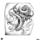 axe with teeth, claws, tentacles and Cthulhu skull tattoo design idea