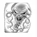 axe with teeth, claws, tentacles and Cthulhu skull tattoo design idea