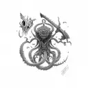 axe in the form of a cosmic horror creature tattoo design idea