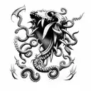 axe with claws, tentacle, fangs and cosmic horror elements tattoo design idea