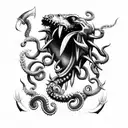 axe with claws, tentacle, fangs and cosmic horror elements tattoo design idea