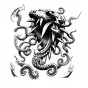 axe with claws, tentacle, fangs and cosmic horror elements tattoo design idea