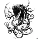 big sharp blade axe with claws, tentacles and fangs tattoo design idea